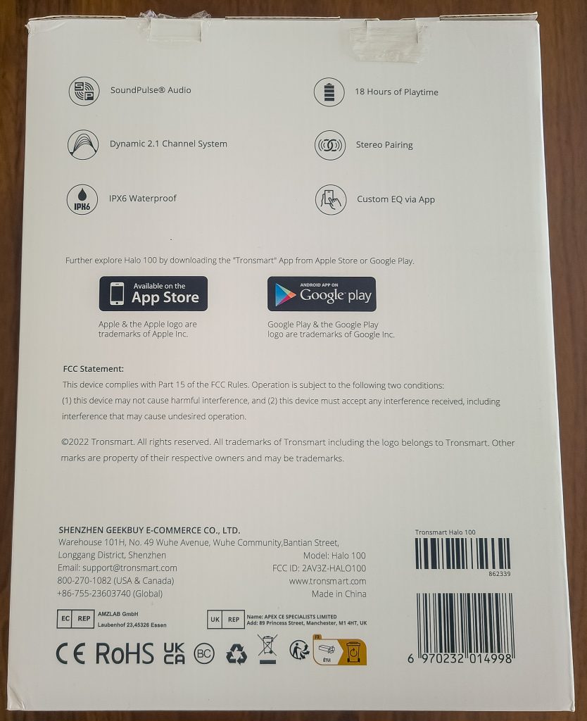 Tronsmart Halo 100 Lautsprecher Verpackung hinten