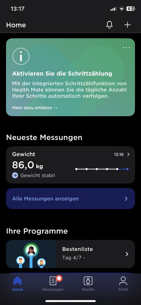 Withings BPM Connect Blutdruckmessgerät App Startbildschirm