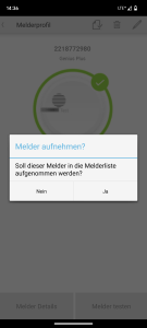 Bestätigungsfeld für die App-Verbindung des Hekatron Genius Plus Rauchmelders