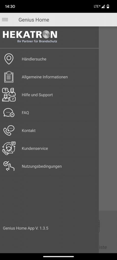Untermenü der App des Hekatron Genius Plus Rauchmelders