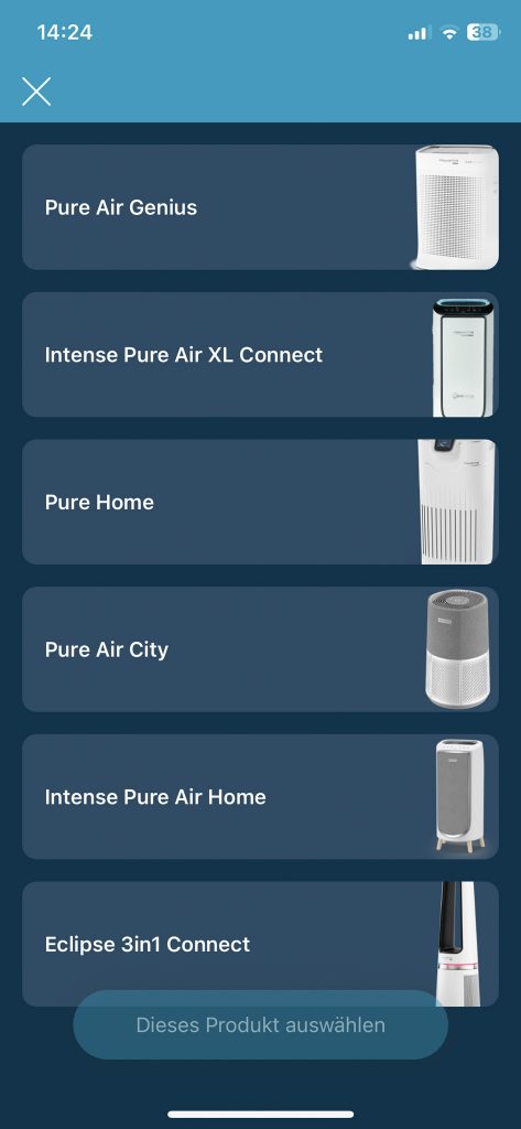 Rowenta Intense Pure Air Connect PU6080 Luftreiniger App auswahl Gerät