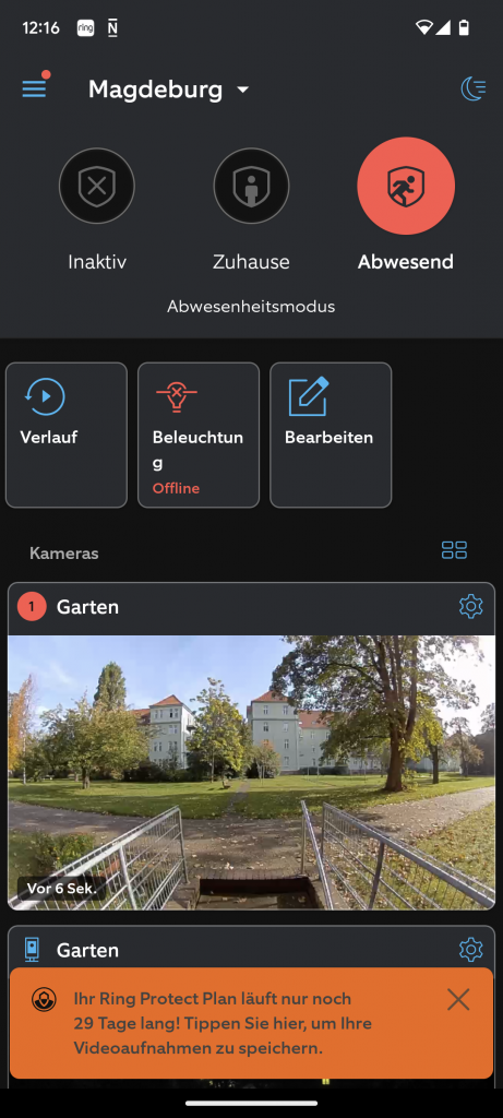 Hauptmenü in der App der Ring Stick Up Cam Pro Überwachungskamera