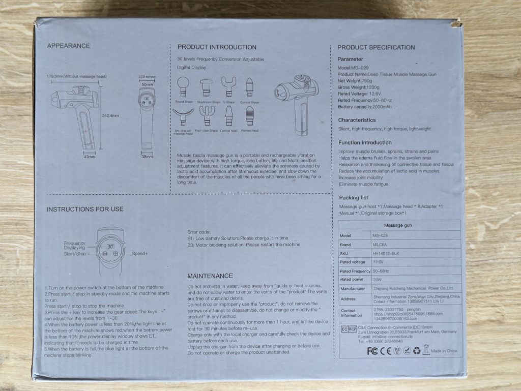 Verpackung der MILCEA MG-029 Massagepistole von hinten