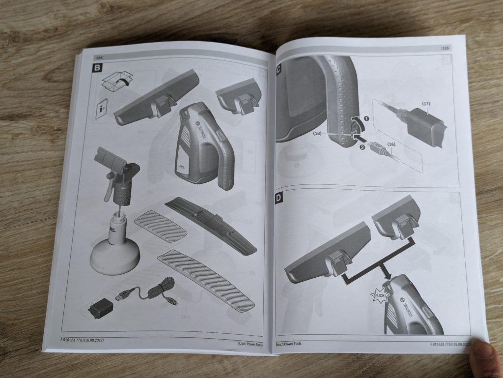 Bebilderter Teil der Anleitung des Bosch Home and Garden GlassVAC Fenstersaugers