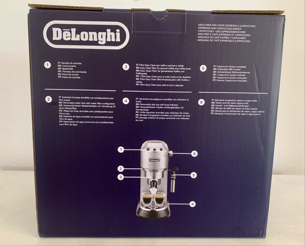De'Longhi Dedica Style EC 685.B Siebträgermaschine im Karton von hintern