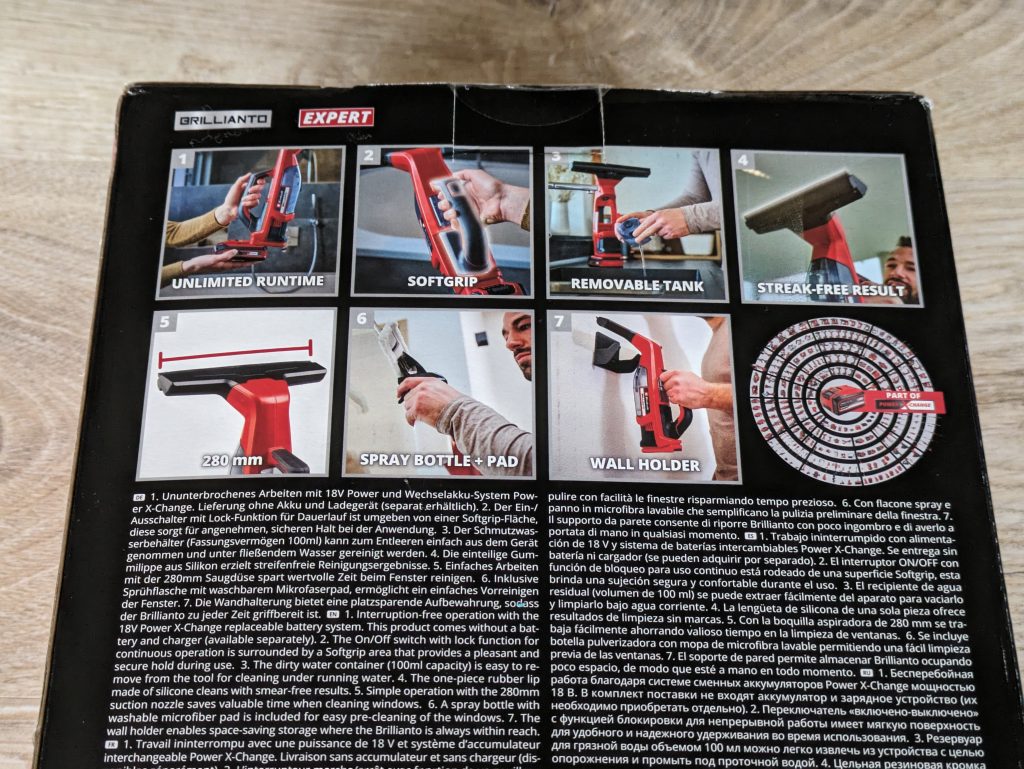 Verpackung des Einhell BRILLIANTO Fensterreinigers von hinten in der Nahansicht v1