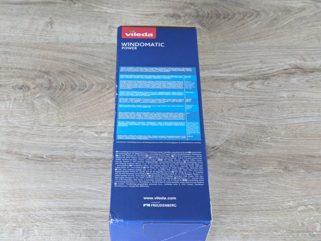 Verpackung des Vileda Windomatic Power Fenstersaugers von rechts