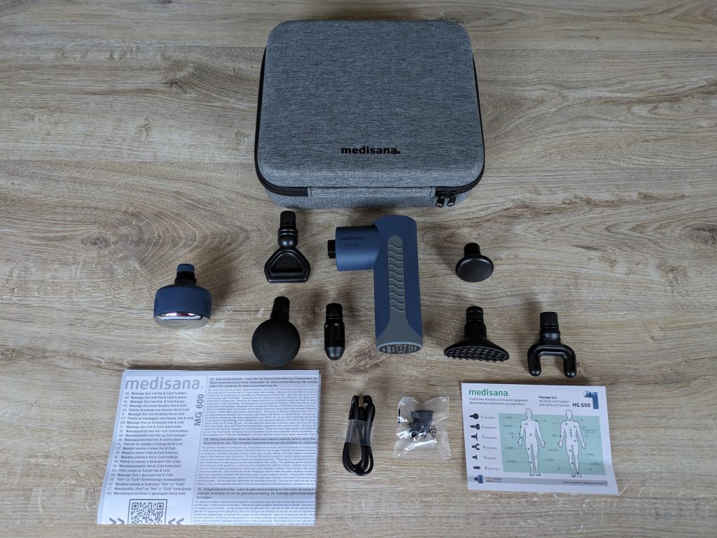 Gesamter Lieferumfang der Medisana MG600 Massagepistole