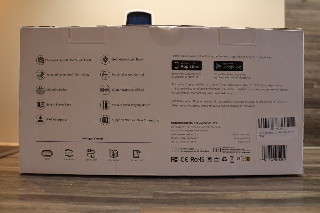 Tronsmart Bang Bluetooth-Lautsprecher Karton Rückseite