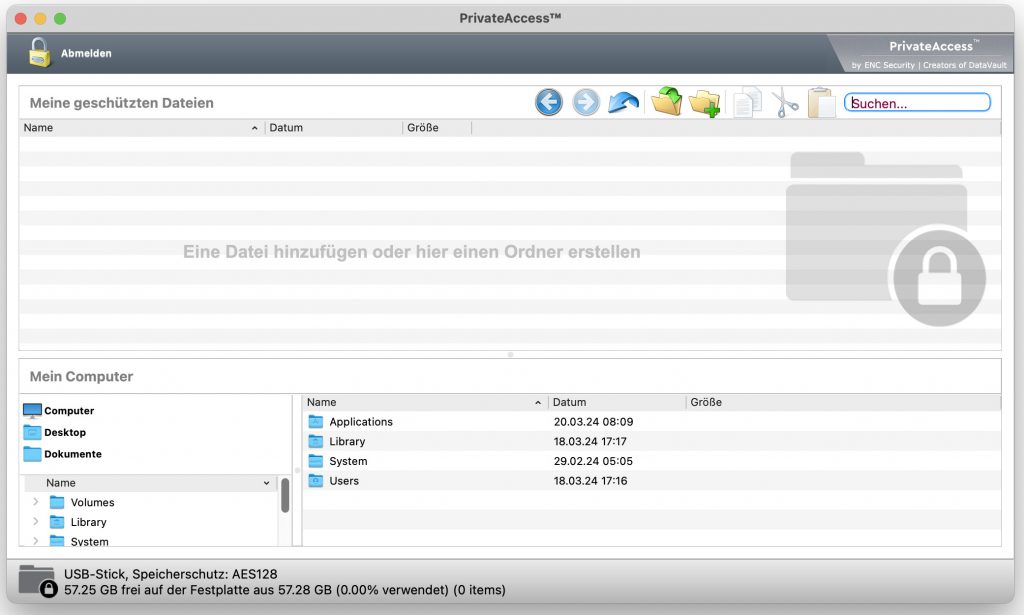 SanDisk Cruzer Snap USB-Stick PrivatAccess Oberfläche