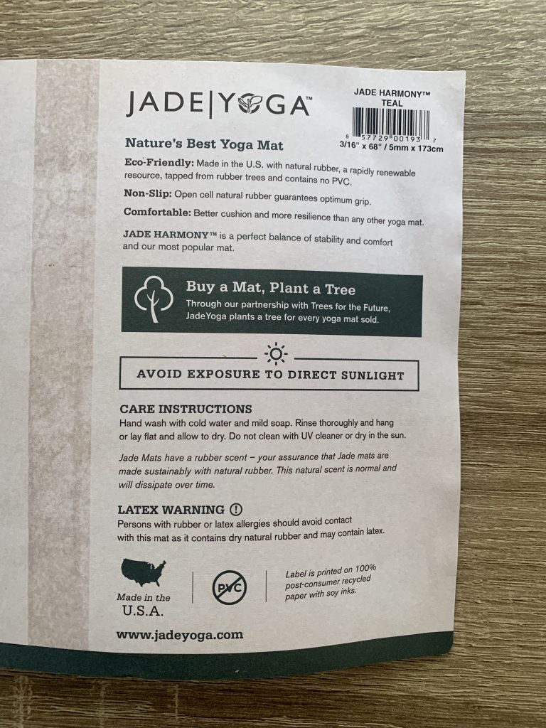 JadeYoga Harmony Gymnastikmatte Verbraucherhinweise auf Banderole