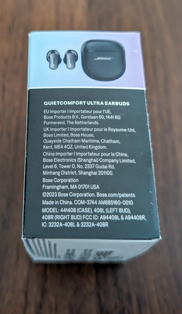 Bose QuietComfort Ultra EarBuds Bluetooth-Kopfhörer Karton Seite