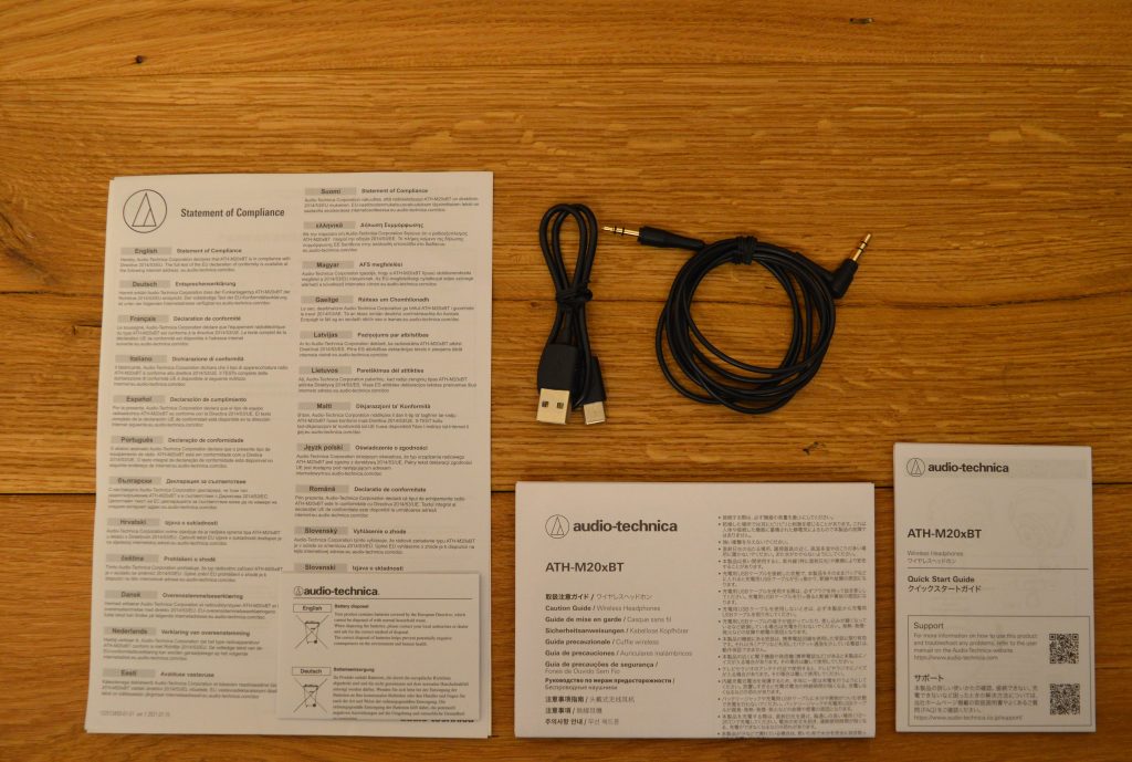 Audio-Technica ATH-M20xBT Over-Ear-Kopfhörer Einzelteile Verpackungsinhalt