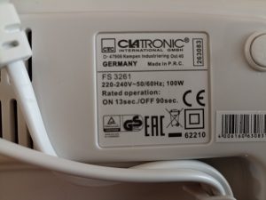 Clatronic FS 3261 Vakuumierer, Etikett auf der Unterseite