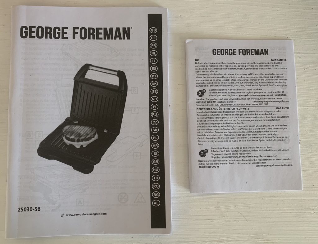 George Foreman 25030-56 Sandwichmaker Bedienungsanleitung und Garantieschein