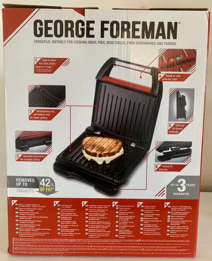 George Foreman 25030-56 Sandwichmaker im Karton von hinten