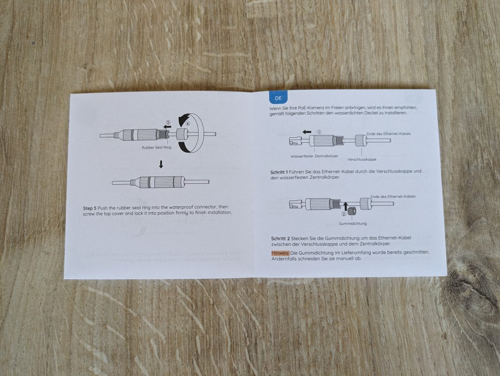 Montageanleitung des Kabeldichtungs-Sets der Reolink Duo 3 PoE M81L Überwachungskamera geöffnet