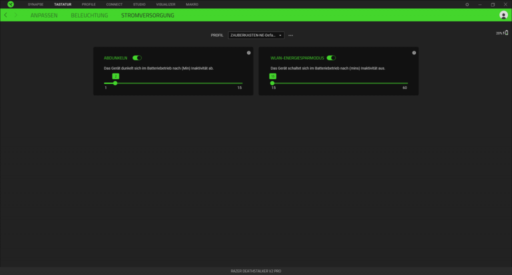 Stromversorgung in der Software der Razer Deathstalker V2 Pro Gaming-Tastatur