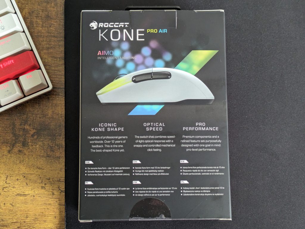 Verpackung der Roccat Kone Pro Air Gaming-Maus von hinten