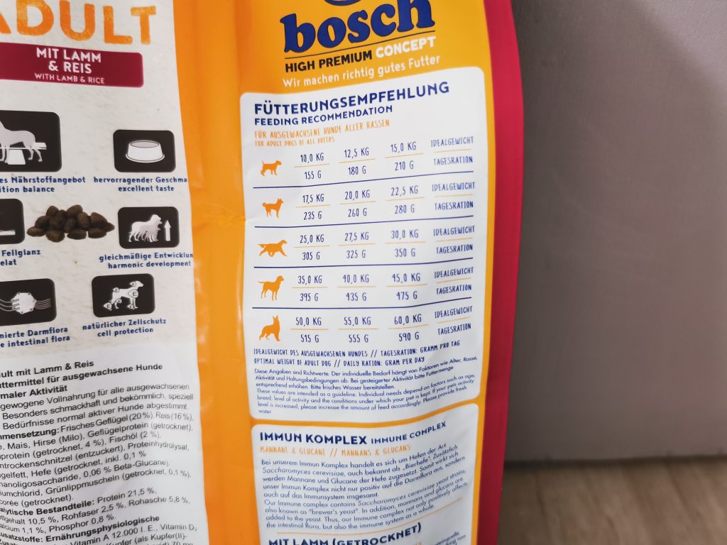 bosch HPC Adult mit Lamm und Reis Hundetrockenfutter Fütterungsempfehlung