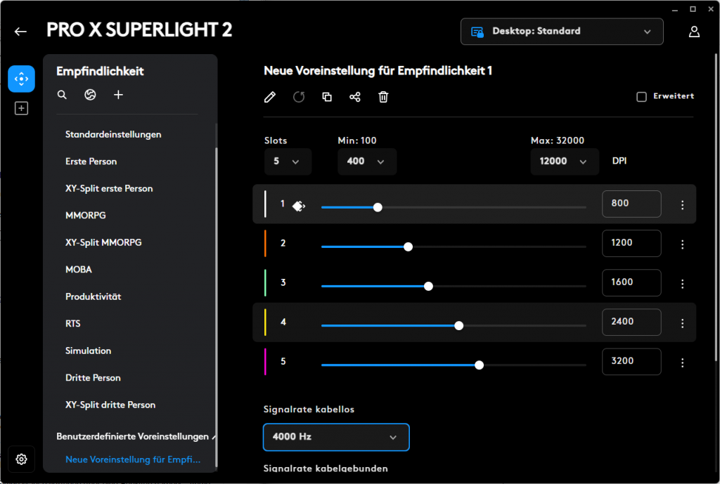 dpi-Einstellungen in der Software der Logitech G PRO X Superlight 2 Gaming-Maus