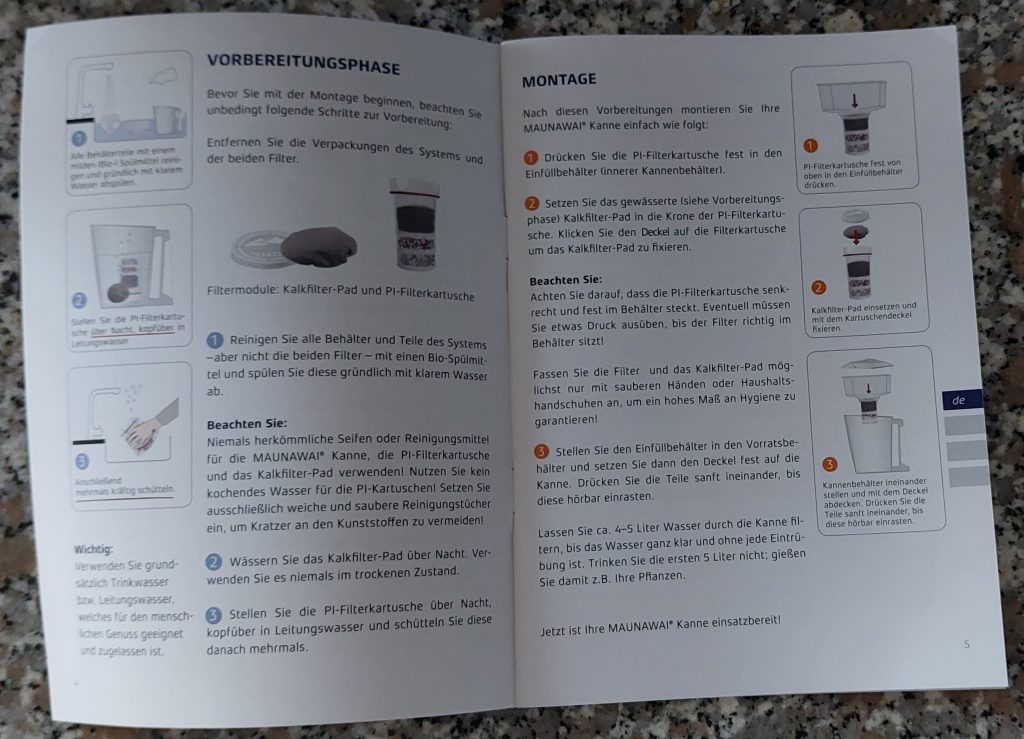Maunawai Kini Wasserfilter Bedienungsanleitung aufgeklappt