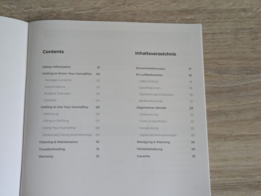 Anleitung des Homvana H101 Luftbefeuchters geöffnet