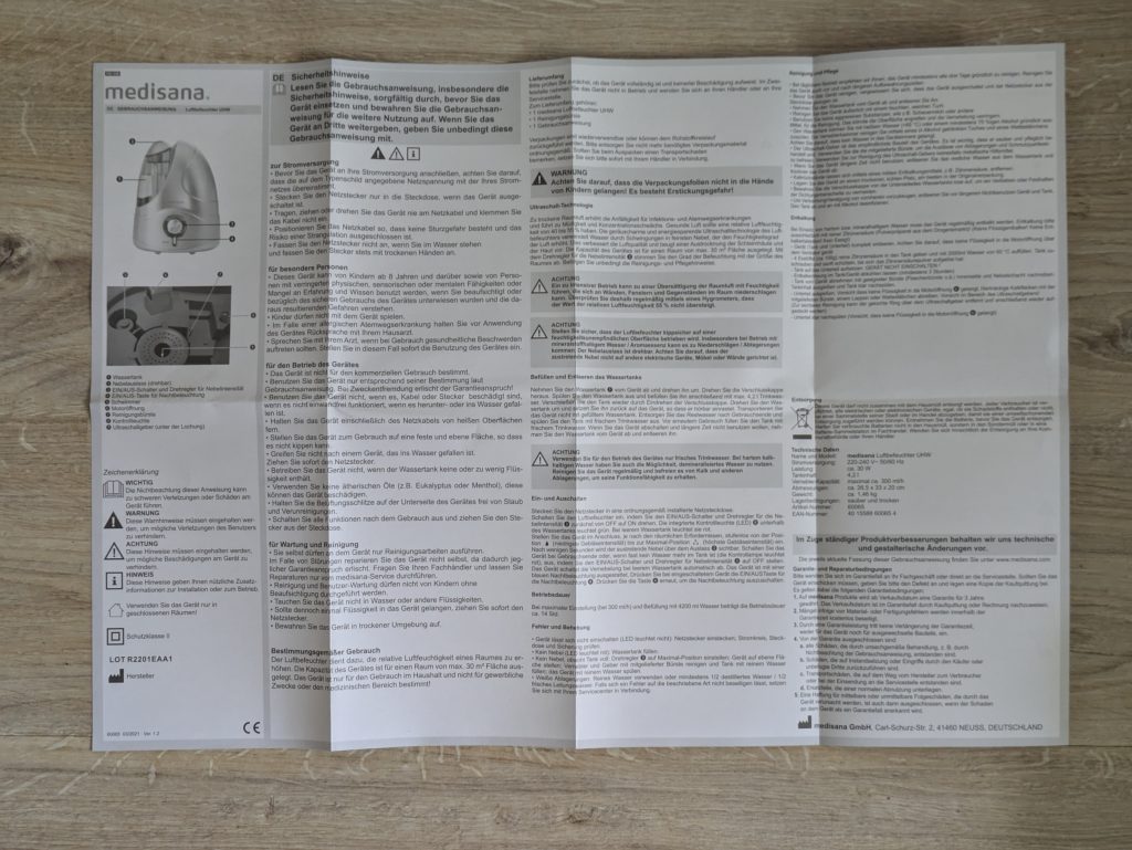Anleitung des Medisana 60065 Luftbefeuchters geöffnet