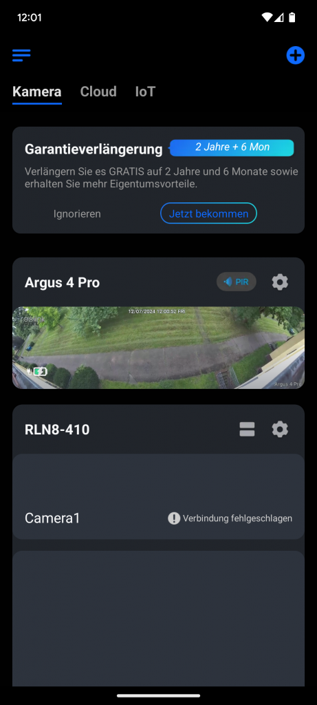 Dashboard der Reolink Argus 4 Pro+ Überwachungskamera