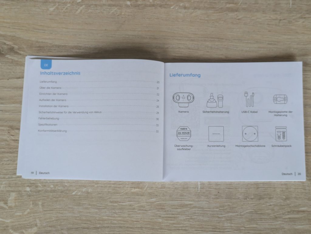 Geöffnete Anleitung der Reolink Argus 4 Pro+ Überwachungskamera