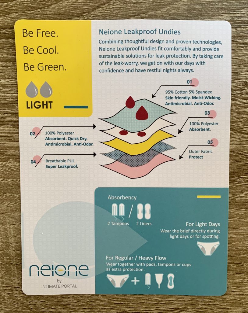 Neione by Intimate Portal Periodenunterschwäsche Pappflyer mit Produktinformationen von vorne