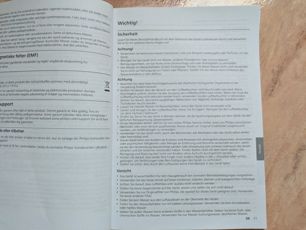 Sicherheitshinweise des Philips 2000 Series 481410 Luftbefeuchters geöffnet