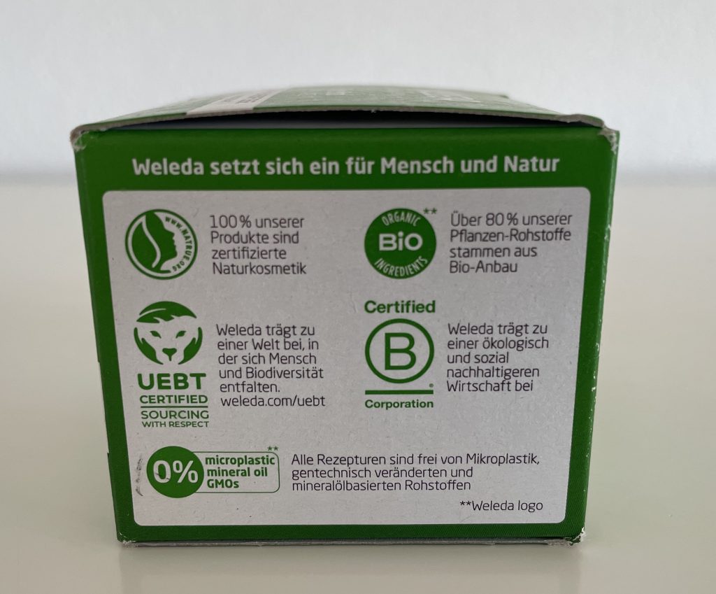 WELEDA Skin Food Feuchtigkeit & Glow Gesichtscreme Verbraucherinformationen auf der Verpackung