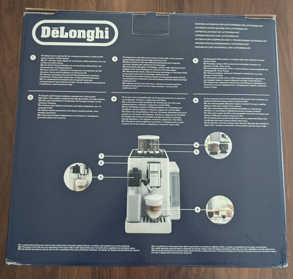 DeLonghi Rivelia EXAM441.55.GR Kaffeevollautomat Verpackung Rückseite