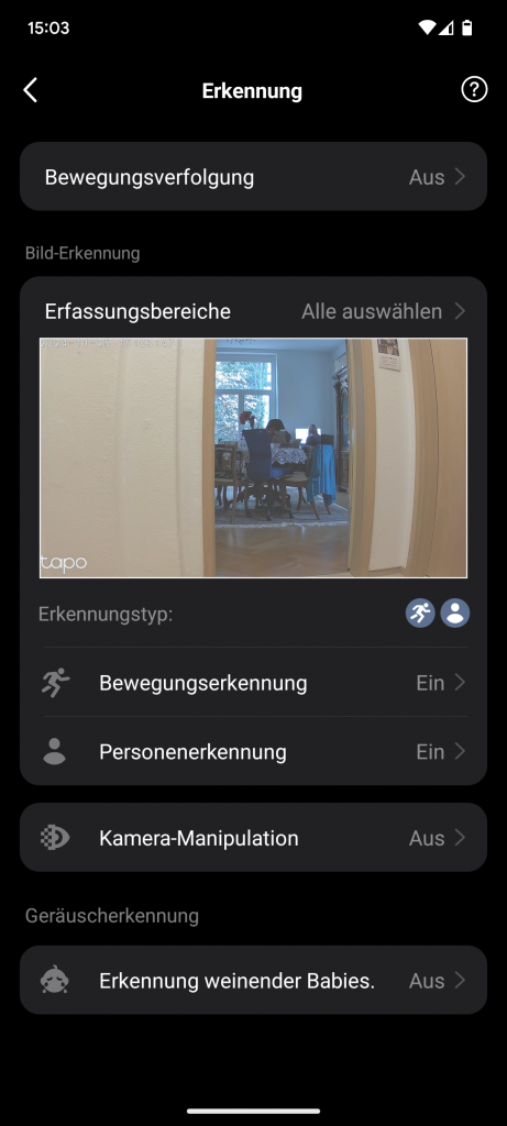 App, Erfassungsbereiche der Tapo C200 Überwachungskamera