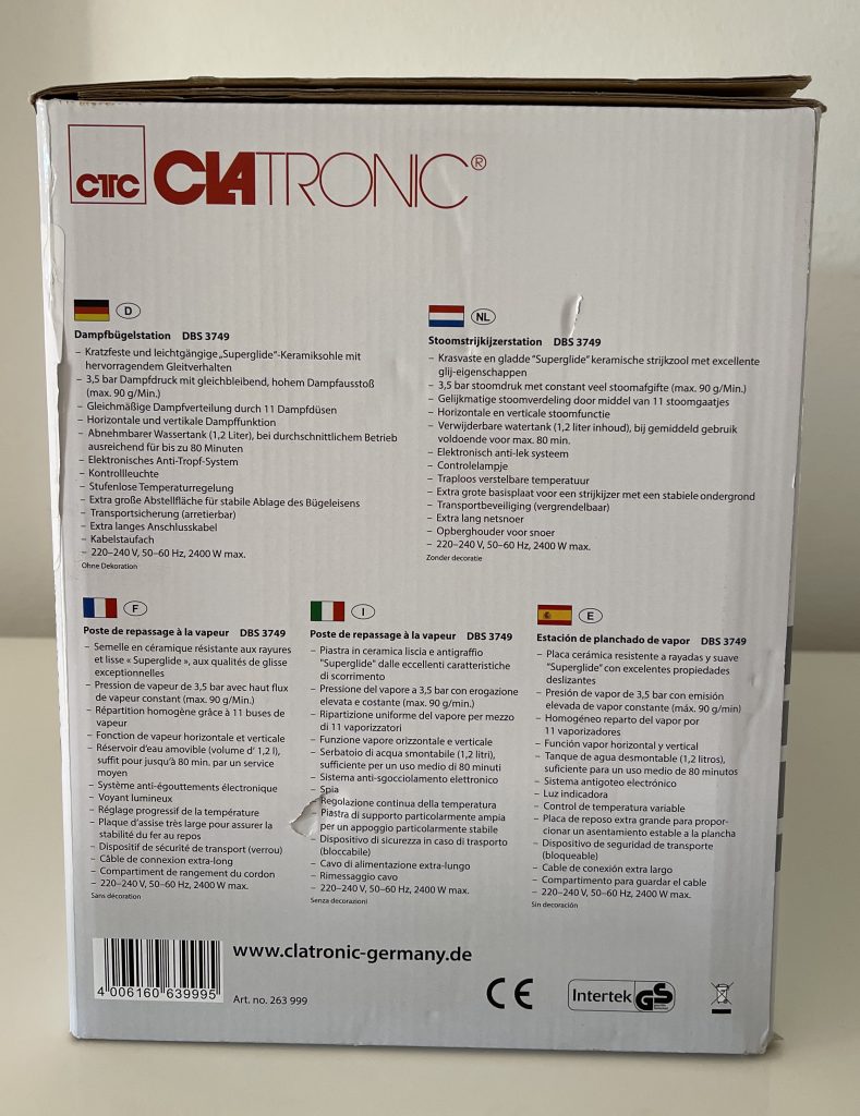 Clatronic® DBS 3749 Dampfbügelstation im Karton von der Seite