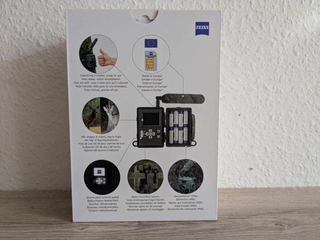Verpackung der Zeiss Secacam 5 Wildkamera von hinten