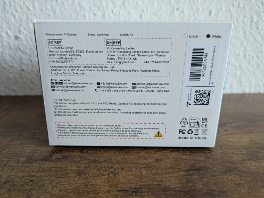 Verpackung der Wansview A1 Überwachungskamera von hinten