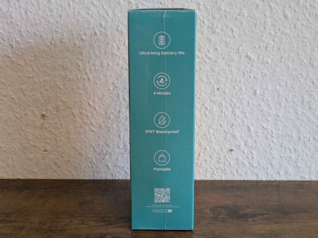 Verpackung der COSLUS C20 Munddusche von links
