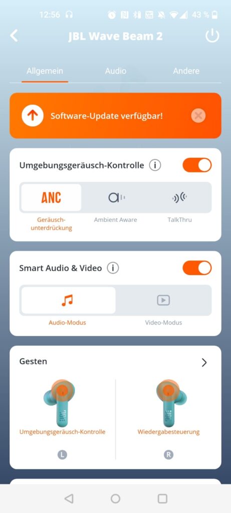 JBL Wave Beam 2 In-Ear-Bluetooth-Kopfhörer App allgemeine Einstellungen