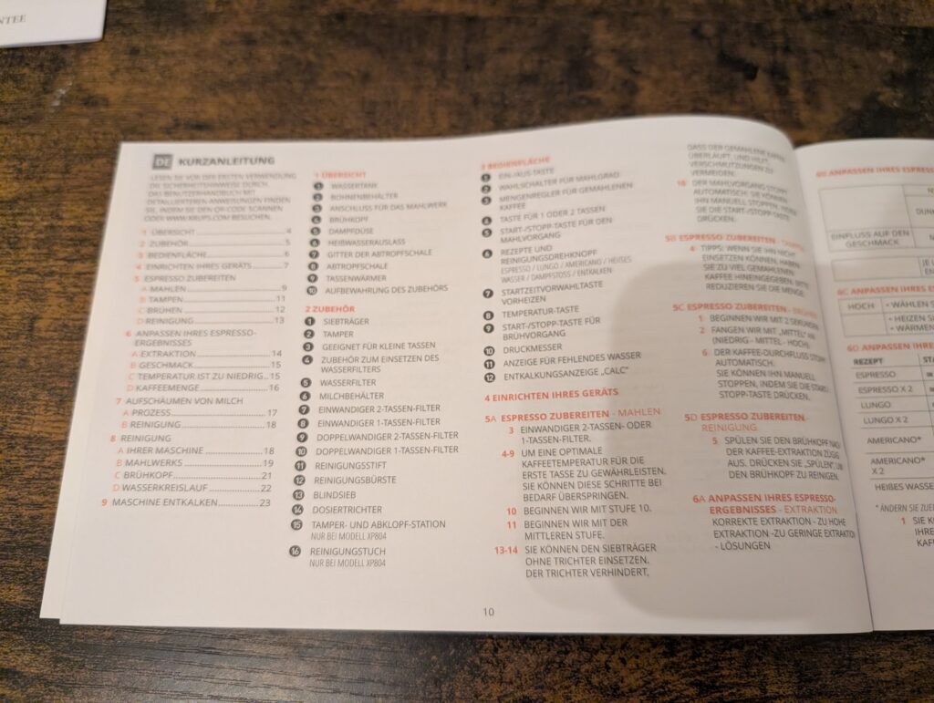 Anleitung der Krups Precision XP801T Siebträgermaschine geöffnet