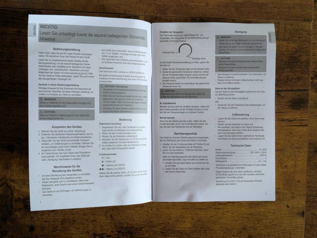 Anleitung des Clatronic HL3838 Heizlüfters geöffnet
