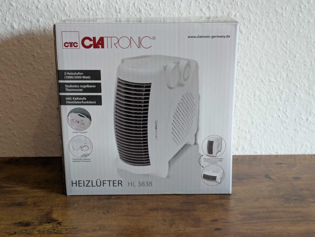 Verpackung des Clatronic HL3838 Heizlüfters von vorne