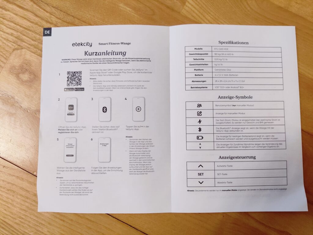 Etekcity EFS-C651-KDE Körperfettwaage Kurzanleitung