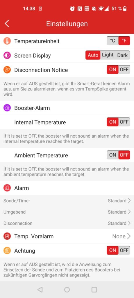 ThermoPro TP961 TempSpike Grillthermometer App Einstellungen
