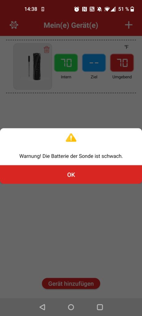ThermoPro TP961 TempSpike Grillthermometer App Batteriewarnung