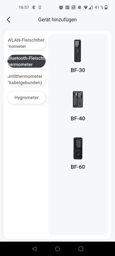 BFOUR BF-30 Pro Grillthermometer App Geräteauswahl