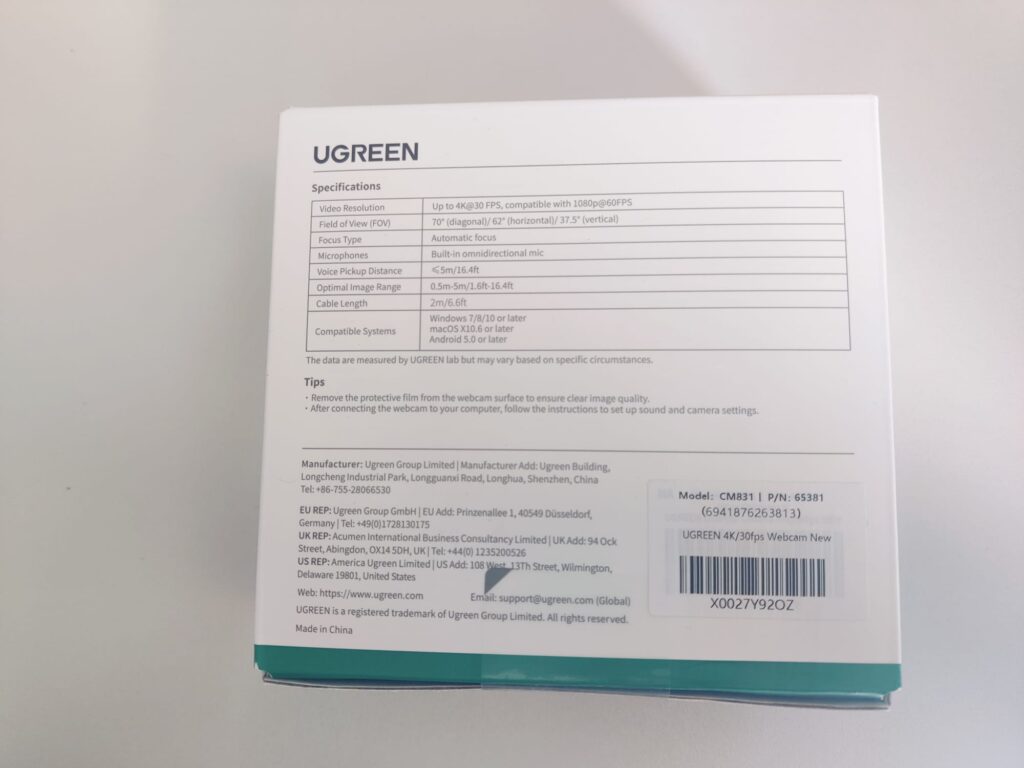 UGREEN 65381 Webcam Verpackung Rückseite