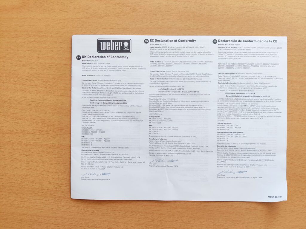 Weber Q 1400 Elektrogrill Konformitätserklärung