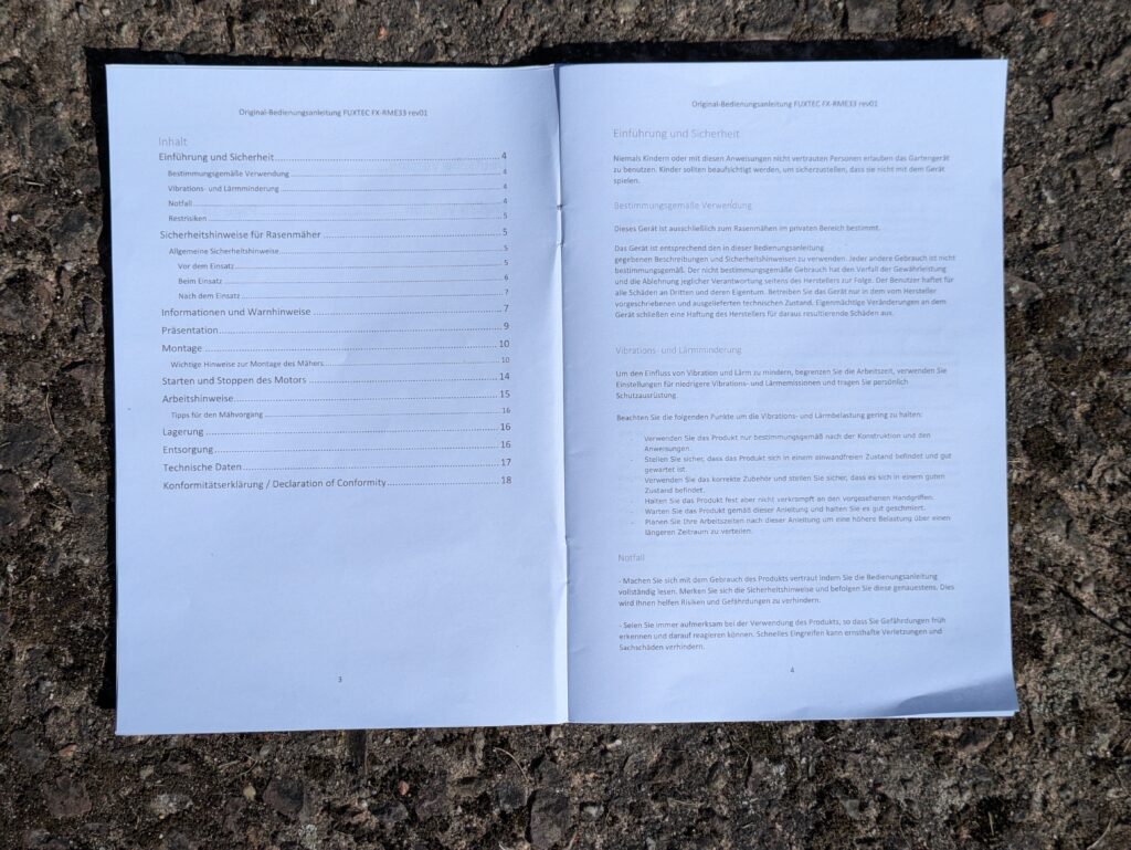 Anleitung des FUXTEC FX-RME33 Elektro-Rasenmähers geöffnet